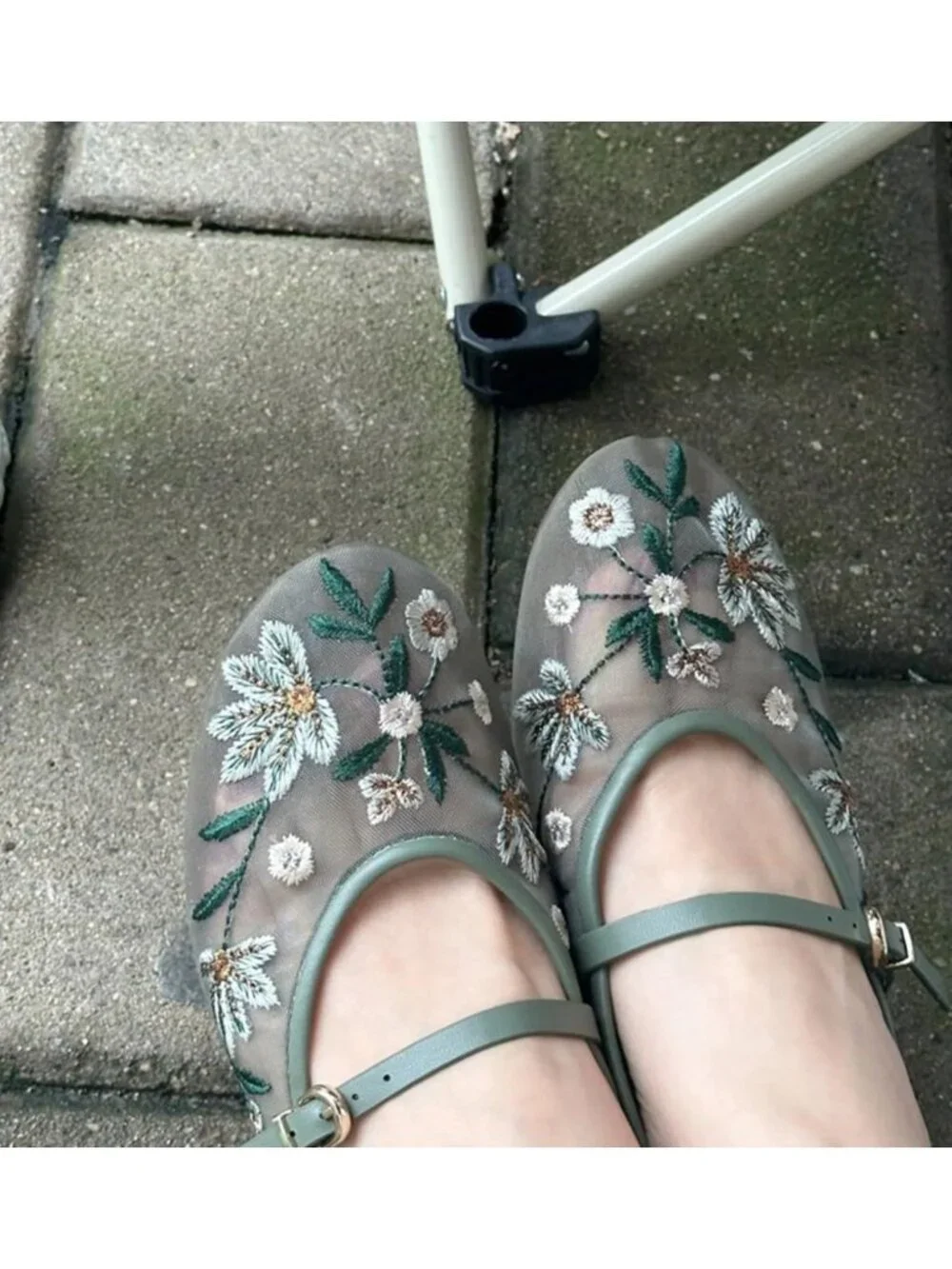 Floral Embroidered Mesh Ballet Flats for Women | Round Toe Mary Jane Style